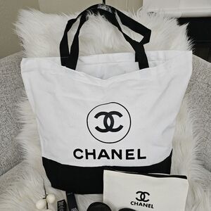 Large Canvas Black and White Tote Bag And Pouch